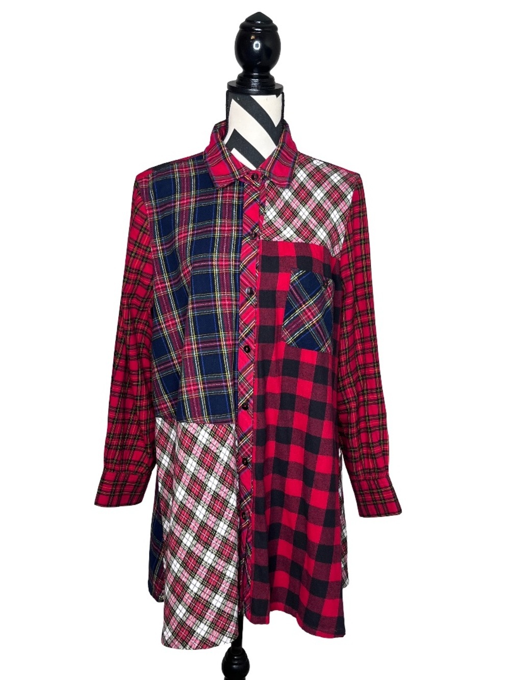 John Mark Plaid Patchwork Sz L Long-Sleeve Flared Button Front Tunic Top
